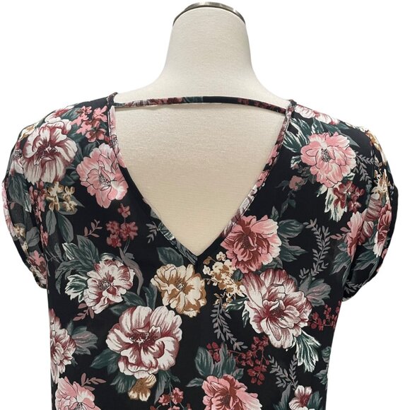 Floral V-Neck Blouse M V-Back Strap Detail Elegant Casual Fall Feminine Office - Picture 4 of 9